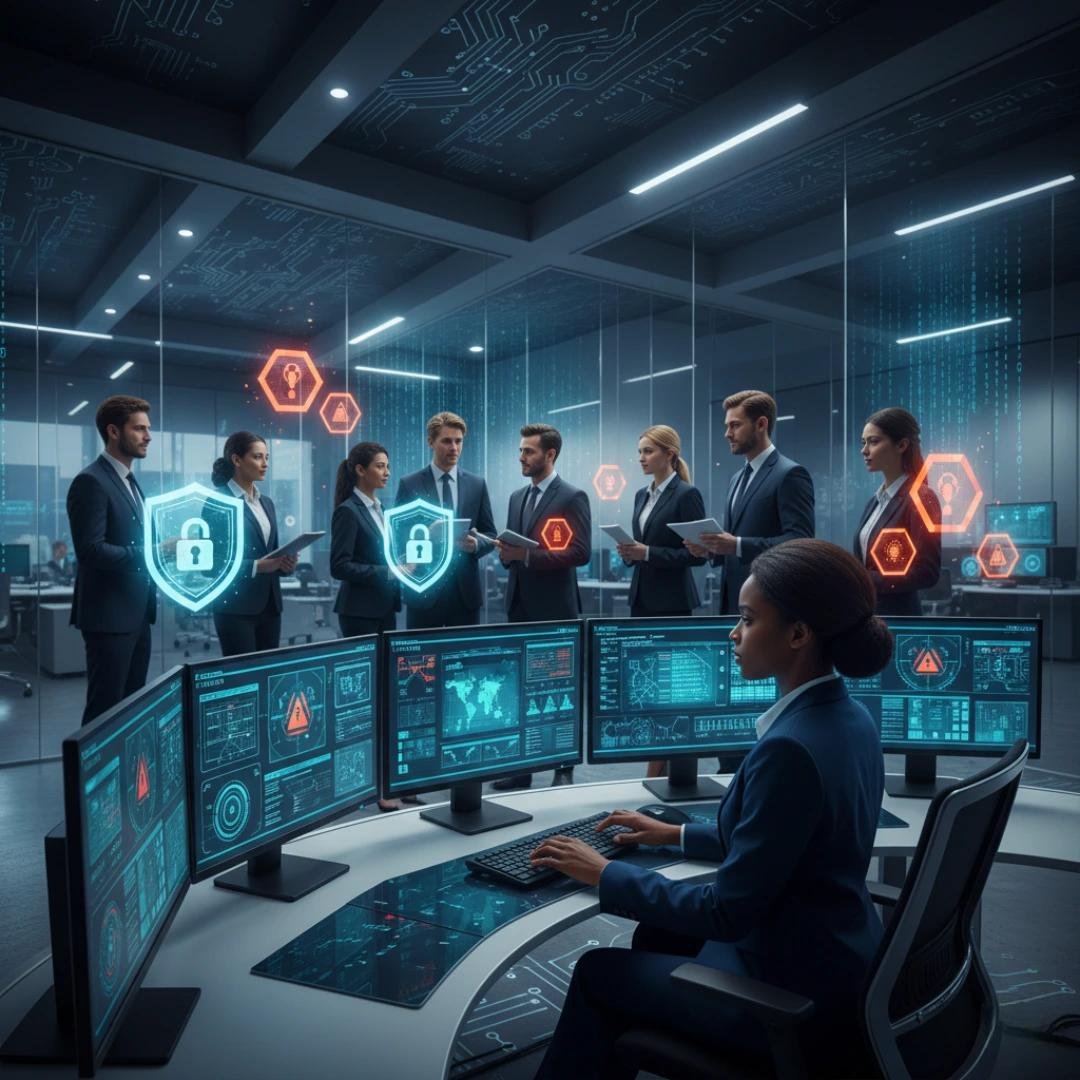 A security team monitors threat dashboards while executives review the organization's risk posture.